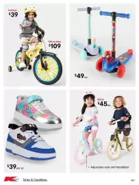 Kmart catalogue Page 49: Spider-Man and Elsa Scooters €49,00, Minions bike €109,00