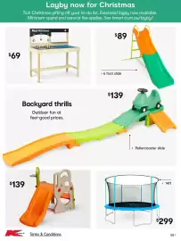 Kmart catalogue Page 50: 6 foot slide €89,00, 14ft Trampoline €299,00