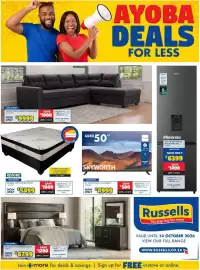 Russells catalogue Page 1: Brooklyn 2 Piece Bedroom Suite €6.799,00, Sabrina 2 Piece Corner Lounge Suite €9.999,00