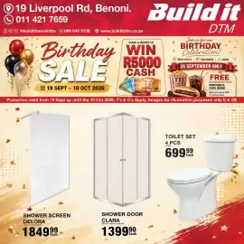 Build It catalogue Page 10: TOILET SET €699,99, SHOWER SCREEN DELORA €1.849,99
