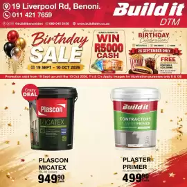 Build It catalogue Page 4: Plascon Micatex €949,90, Build it Contractors Plaster Primer €499,90