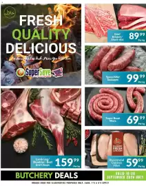 Super Save catalogue Page 1: Spicy/Mild Sausages €99,99, Super Braai Wors €69,99