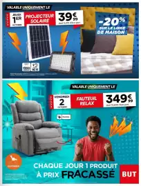 Catalogue BUT page 7: PROJECTEUR SOLAIRE CLARITO €39,99, FAUTEUIL RELAX €349,99