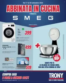 Volantino Trony Pagina 1: SMEG lavatrice W3104A10 €399,00, Bilancia da cucina Smeg €189,00