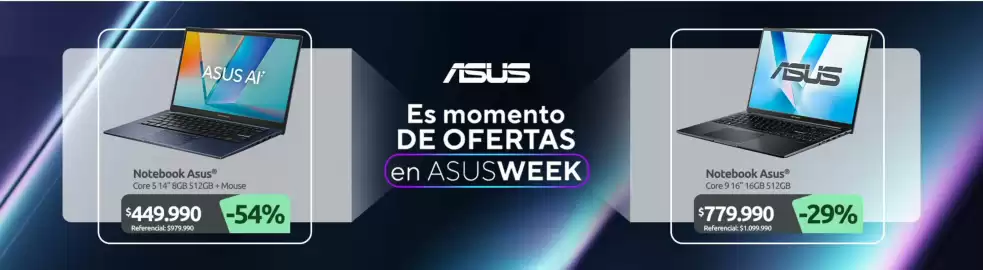 Catálogo PC Factory Página 1: Asus - notebook €779.990,00, Asus - notebook core 5 14 8gb 512gb + mouse €449.990,00