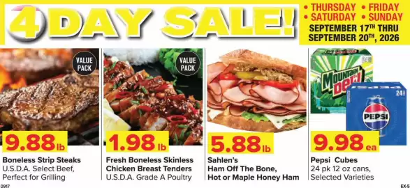 Shop 'n Save weekly ad Page 1: Fresh Boneless Skinless Chicken Breast Tenders €1,98, Boneless Strip Steaks €9,88