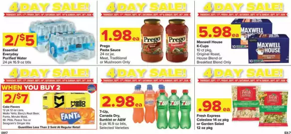 Shop 'n Save weekly ad Page 3: Essential Everyday Purified Water €5,00, Prego pasta sauce €1,98