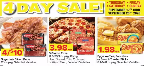 Shop 'n Save weekly ad Page 4: DiGiorno Pizza €3,98, Sugardale Sliced Bacon €10,00