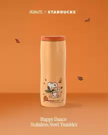 Magazine Starbucks Pagină 7: PEANUTS™ + STARBUCKS b)))) 02026 Peanuts Worldwide LLC Happy Dance Stainless Steel Tumbler TM/MC
