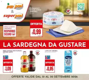 Volantino Pan Pagina 1: Birra Ichnusa non filtrata €1,09, Latte UHT Arborea parzialmente scremato €0,85