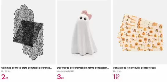 Catálogo Pepco Página 3: Com - caminho de mesa preto com teias de aranha €2,00, Conjunto de 4 individuais de halloween €1,30
