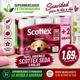 Folleto Supermercados Extremadura Página 1: Scottex - papel higienico seda €1,69