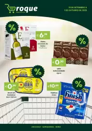 Folheto Roque Supermercados Página 1: Vinho Encostas do Bairro Tinto/Branco €6,99, Leite Achocolatado Agros €0,30