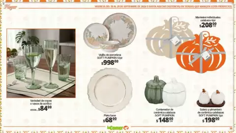 Folleto La Comer Página 30: Vajilla de porcelana SOFT PUMPKIN €998,00, Variedad de copas o vasos de acrílico €84,00
