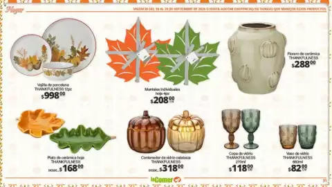Folleto La Comer Página 31: Thankfulness Contenedor de vidrio calabaza €318,00, Vajilla de porcelana THANKFULNESS €998,00