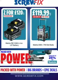 Screwfix catalogue Page 2: Makita DAB+ / FM Site Radio €119,99, Makita 18v 5.0ah Li-ion Lxt Battery €120,00