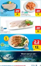 Carrefour folder Pagina 21: Kabeljauwhaasje €2,95, Hele gekookte garnalen €1,58