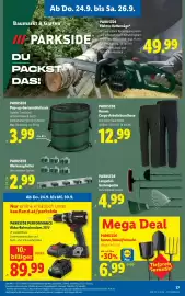 Lidl Flugblatt woche 39 Seite 21: Parkside Elektro-Kettensäge €49,99, Parkside Pop-up-Gartenabfallsack €3,99