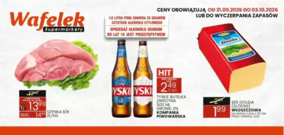 Wafelek gazetka Strona 1: Ser Gouda Włoszczowa €1,99, Tyskie Butelka Zwrotna €2,49