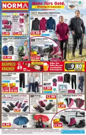 Norma Prospekt woche 40 Seite 1: Ronley Pantoffeln mit Wöris-hofer-Fußbett €6,99, Survival Sturmfester Regenschirm €4,99