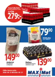 MaxiMat Svinesund kundeavis uke 39 Side 1: Battery Energidryck €139,00, Scan Köttbullar €79,90