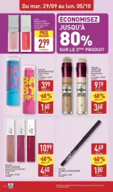 Catalogue ALDI semaine 40 page 28: MAYBELLINE EYELINER LASTING DRAMA €1,80, MAYBELLINE ROUGE À LÈVRES €4,40
