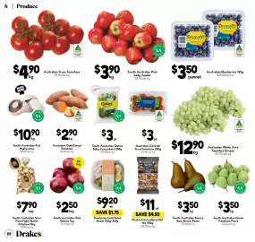Drakes catalogue week 39 Page 6: Australian White Arra Sweeties Grapes €12,90, Australian Truss Tomatoes €4,90
