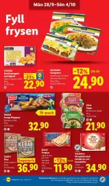 Lidl reklamblad vecka 40 Sida 13: Findus frasiga fiskpinnar €32,90, Felix soppa ost & broccoli, skaldjur €21,90