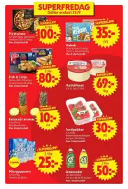 Nya Pulsen reklamblad Sida 1: Jordgubbar €30,00, Findus Fish & Crisp €80,00