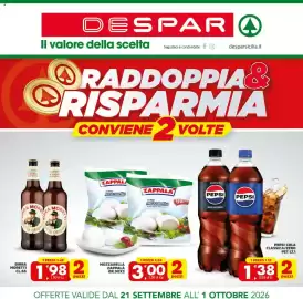 Volantino Despar Sicilia Pagina 1: Pepsi Cola Classica/Zero €1,38, Birra Moretti €1,98