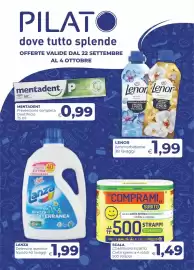 Volantino Pilato Pagina 1: Lanza Detersivo lavatrice liquido €1,99, Carta igienica 4 rotoli €1,49