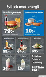 Biltema reklamblad Sida 24: Korv med bröd kaffe och bulle €10,00, Milkshake €24,00