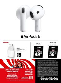 Volantino MediaWorld Pagina 6: Apple Alimentatore USB C €19,00, AirPods 5 €149,00