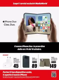 Volantino MediaWorld Pagina 3: Apple Alimentatore veloce €45,00, Apple Custodia Folio per iPhone Duo €149,00