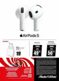 Volantino MediaWorld Pagina 6: Apple Alimentatore USB C €19,00, AirPods 5 €149,00