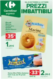 Volantino Carrefour Express Pagina 1: Tonno Olio d'Oliva Asdomar €2,99, Macine Mulino Bianco €1,29