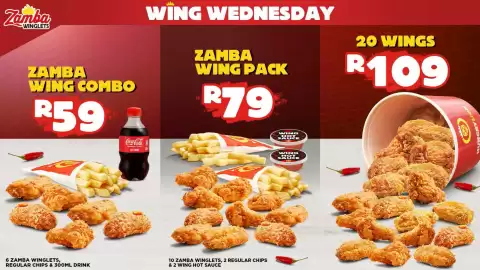 Hungry Lion catalogue Page 5: Zamba WINGLETS ZAMBA WING COMBO R59 WING WEDNESDAY ZAMBA WING PACK R79 20 WINGS R109 Coca-Cola