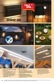 ALDI catalogue Page 14: Assorted Solar Shed or Fence Lights €14,99, LED Festoon Lights €19,99