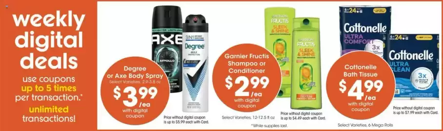 King Soopers weekly ad week 39 Page 3: Cottonelle bath tissue €4,99, Degree or Axe Body Spray €3,99