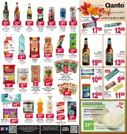 Qanto leták týden 39 Strana 1: Radegast Ryze Hořká 12° €19,90, Koko tyčinka, Milena, Sojové řezy €10,99