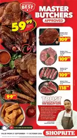 Shoprite catalogue Page 2: Boerewors €99,99, Butcher's best - beef short rib per kg €109,99