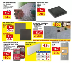 Hubo folder Pagina 28: Terrastegel beton €3,09, Getrommelde klinker €0,19