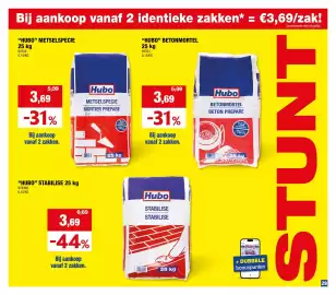 Hubo folder Pagina 29: Hubo betonmortel €3,69, Hubo metselspecie €3,69