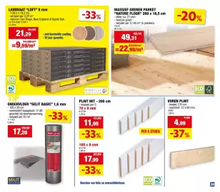 Hubo folder Pagina 39: Massief grenen parket €49,31, Ondervloer selit basic €17,20
