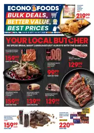 Econo Foods catalogue Page 1: Blockman's Meats Beef Biltong or Droewors €159,99, DELI-CO WHOLE LAMB RIBS €129,99
