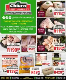 Chikro Food Market catalogue Page 1: Elgin Free Range Chicken Thighs €115,00, Country Range Chicken Thighs €195,00