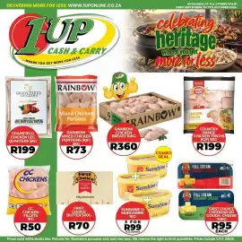 1UP catalogue Page 6: Country Range Chicken Thighs €199,00, First Choice Cheddar or Gouda Cheese €95,00