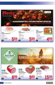 Metro Flugblatt Seite 4: Greisinger Pizzaschinken €8,99, Heny Hühner Keulen Grillfertig €4,99