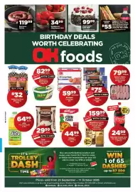 OK Foods catalogue Page 1: Tastic Long Grain Parboiled White Rice €29,99, Black Forest Cake €99,99