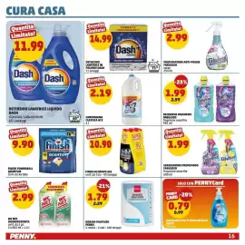 Volantino PENNY Pagina 16: Detersivo lavatrice liquido Dash classico, salvacolore €11,99, Finish Powerball Quantum €9,90